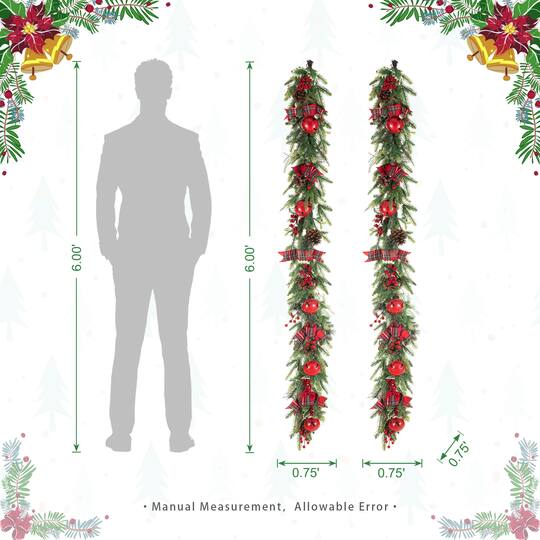 Glitzhome® 6ft. Christmas Bell Pinecone & Berry Bow Garland, Set of 2